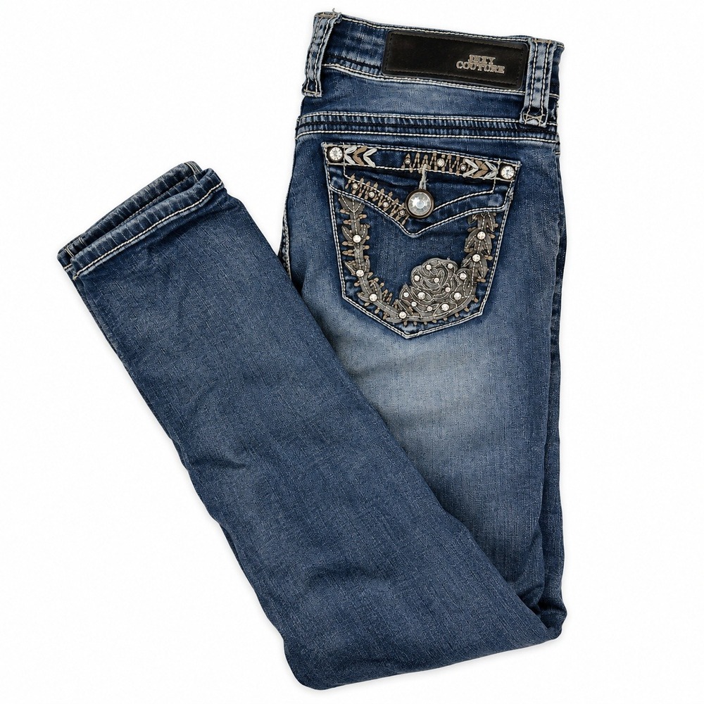 Sexy Couture Embellished Skinny Jeans Womens Size 9 Blue Denim Rhinestone Floral